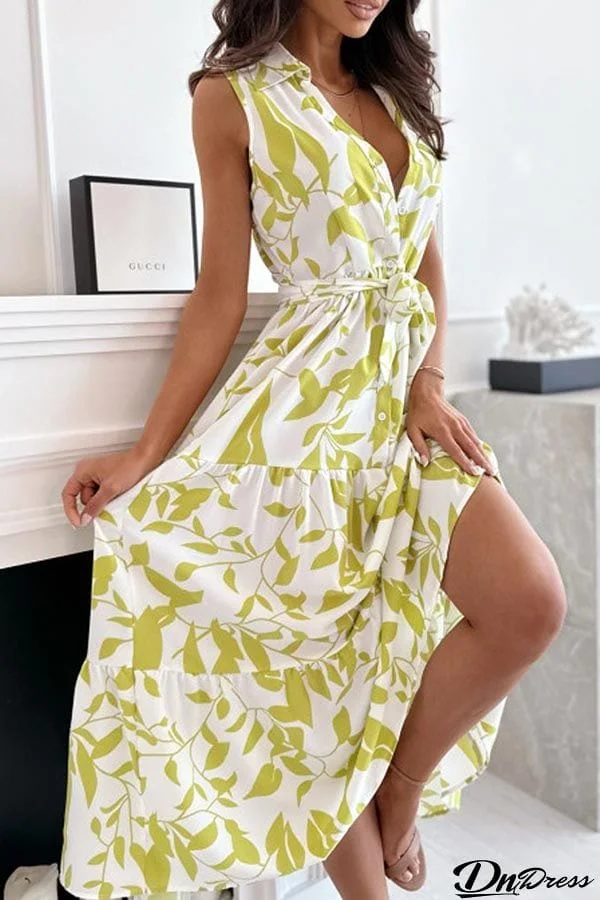 PLANT SILHOUETTE PRINTED BELT SHIRT MIDI DRESS