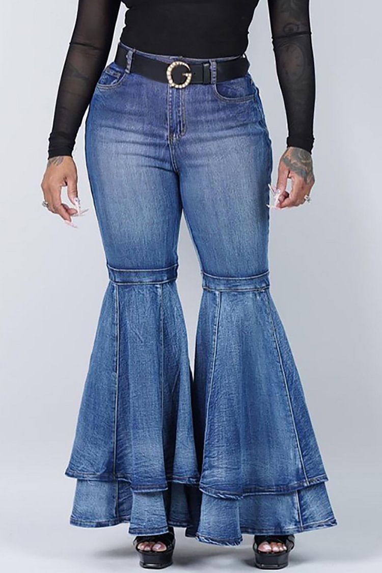 Xpluswear Plus Size Blue Denim With Pockets Ruffle Wide Leg Bell Bottom Jeans [Pre-Order]
