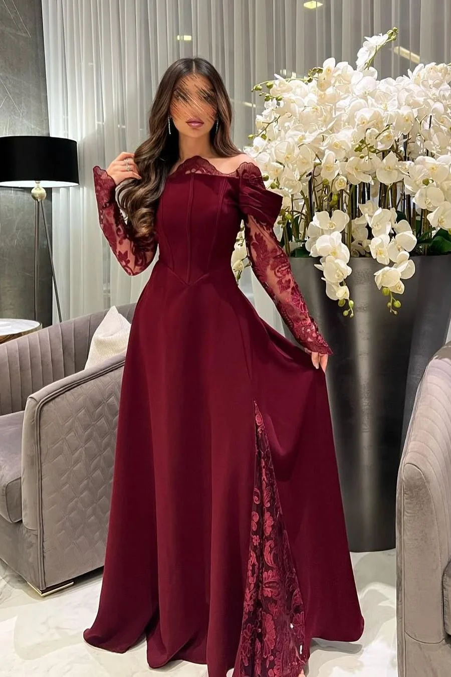 Miabel Stunning Burgundy Satin Long Sleeves Off the Shoulder Long Prom Dress with Applique  