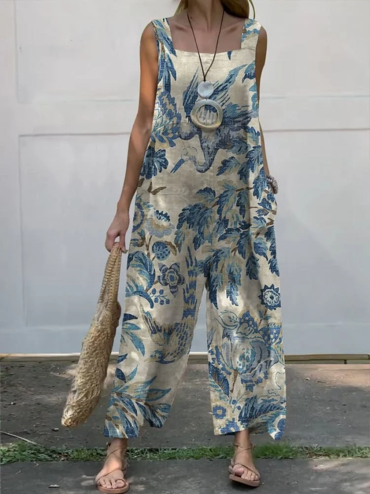 Women's Vintage Lovely Floral Birds Art Print Casual 100% Cotton Wide Leg Jumpsuit