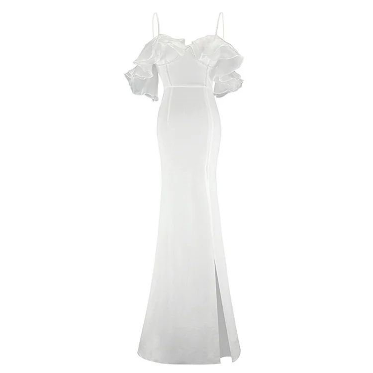 Flouncing Decor Off The Shoulder Long Split Slip Dress - Modakawa modakawa