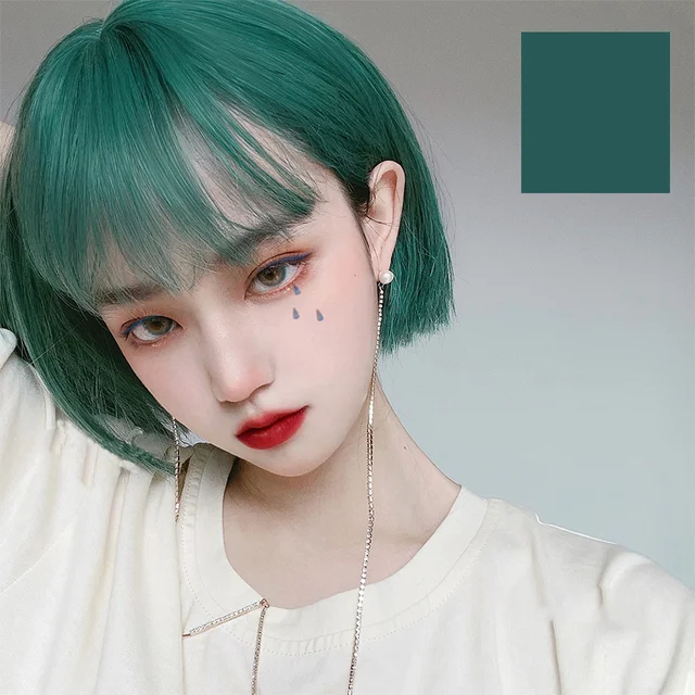 Jewtribute Hair®|Black Green Pink  Straight Bob Bangs Wigs For Women 