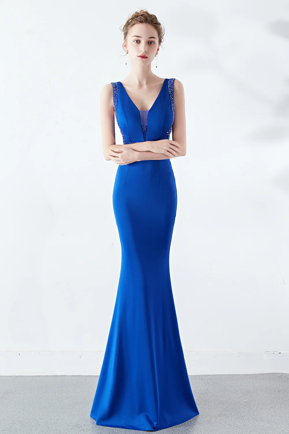 Charming Sleeveless Long Mermaid Evening Prom Dress With Crystal