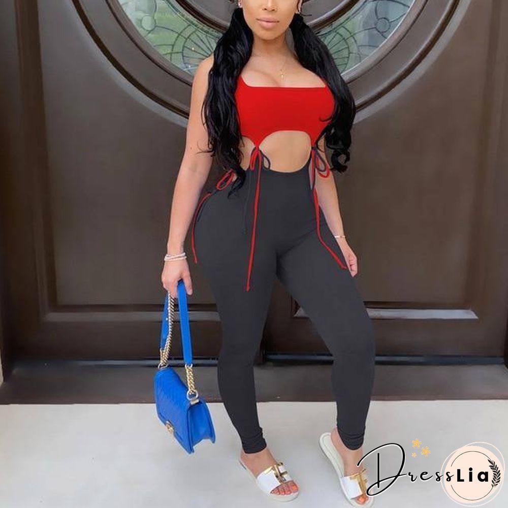 Hollow Out Patchwork Jumpsuit Rompers Trousers New Sexy Women Sleeveless Bodycon Jumpsuit Summer Sports Long Pants Jumpsuit