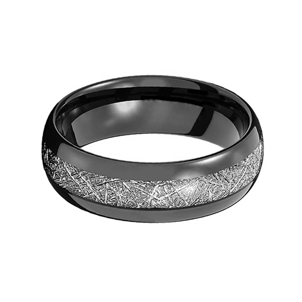 8MM Men Silver Meteorite Inlay Black Tungsten Carbide Ring Engagement Wedding Band