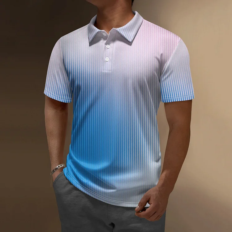 Comstylish Ombre Abstract Geometric Button Short Sleeve Polo Shirt