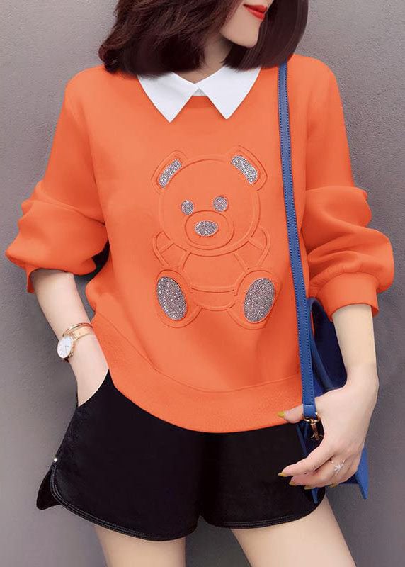 Loose Orange PeterPan Collar Print Casual Fall Pullover Street wear CK2407- Fabulory