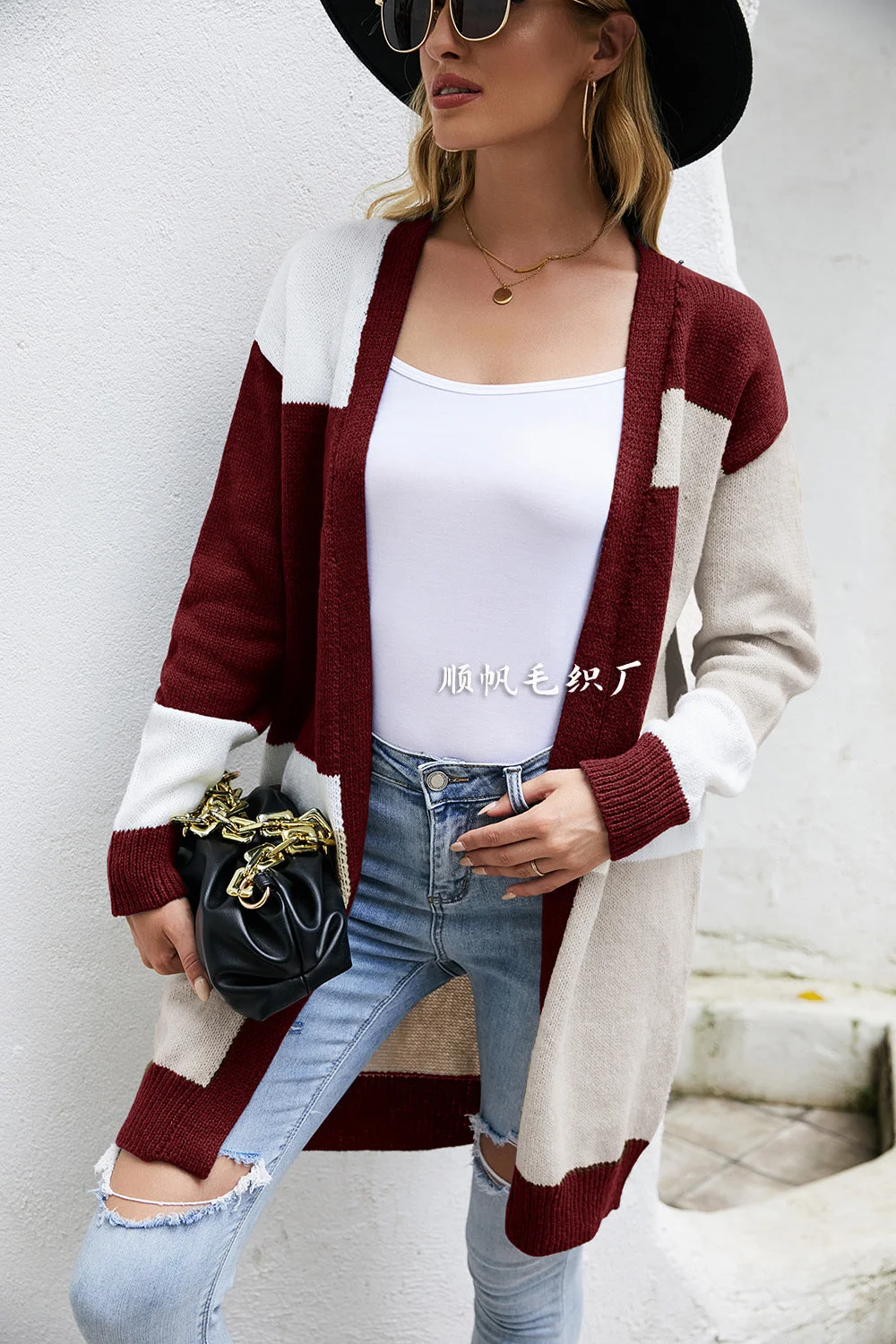 Loose large color contrast knitted cardigan fashionable foreign trade sweater coat (female)