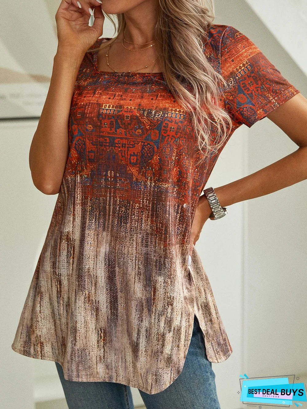 Casual Ethnic Summer Square neck Micro-Elasticity Vacation Jersey Short sleeve H-Line Tunic T-Shirt for Women