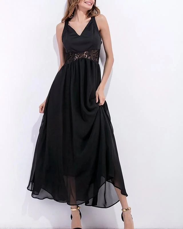 Women's A Line Dress Maxi Long Dress Black Sleeveless Solid Color Summer V Neck Work Sexy Black Dresses