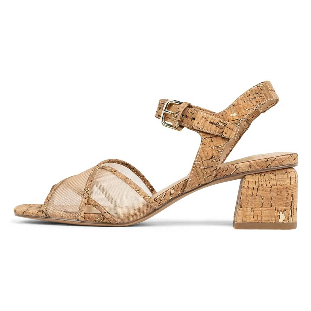 Beige Mesh Wood Print Open Toe Low Heel Sandals with Ankle Strap