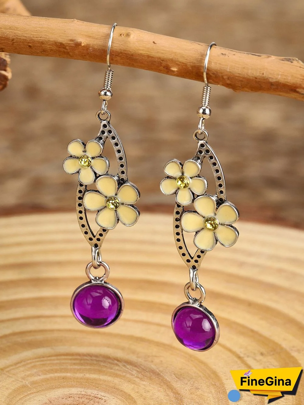Vintage Style Yellow Flower Purple Stone Silver Earrings