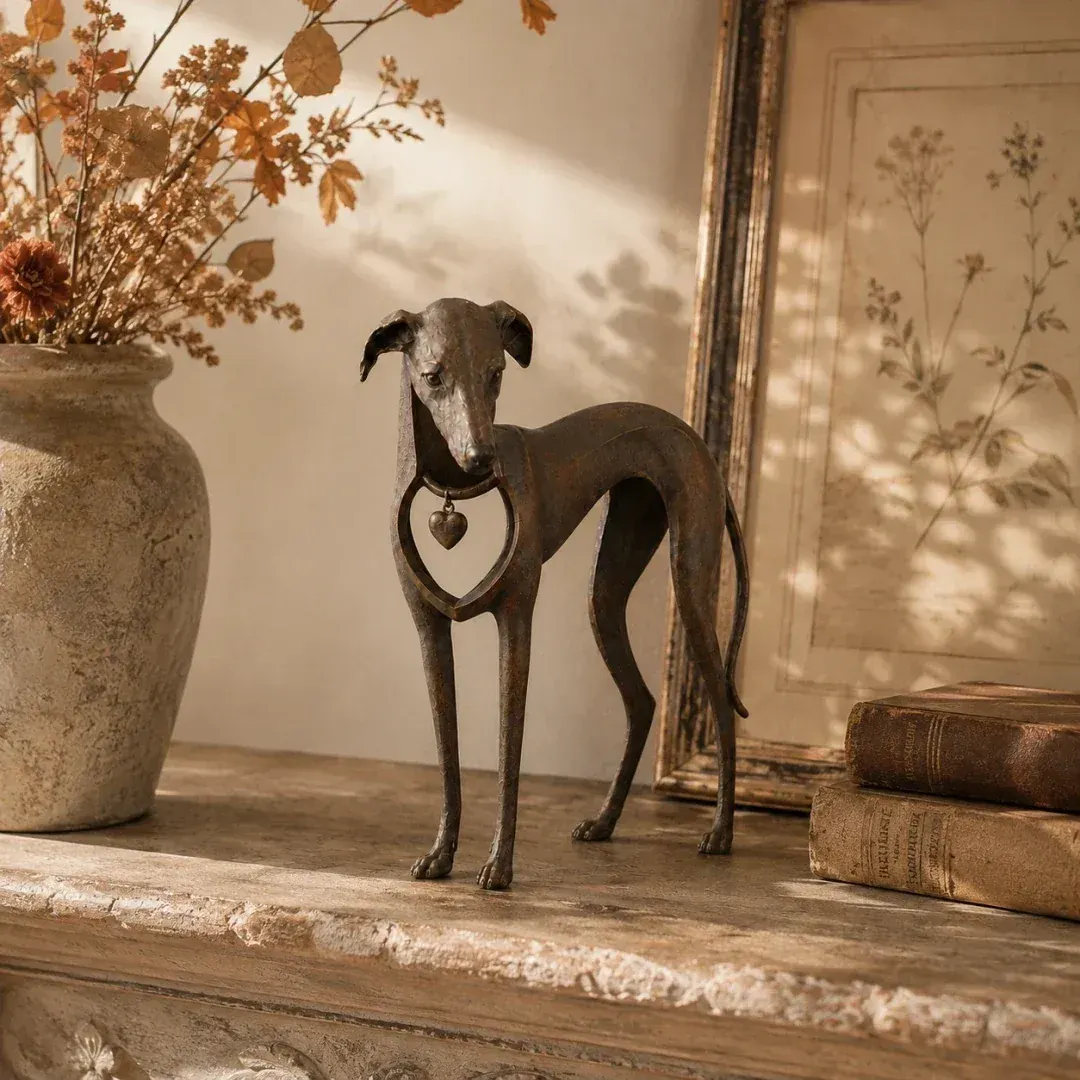 Vintage dog sculpture styled on a console table
