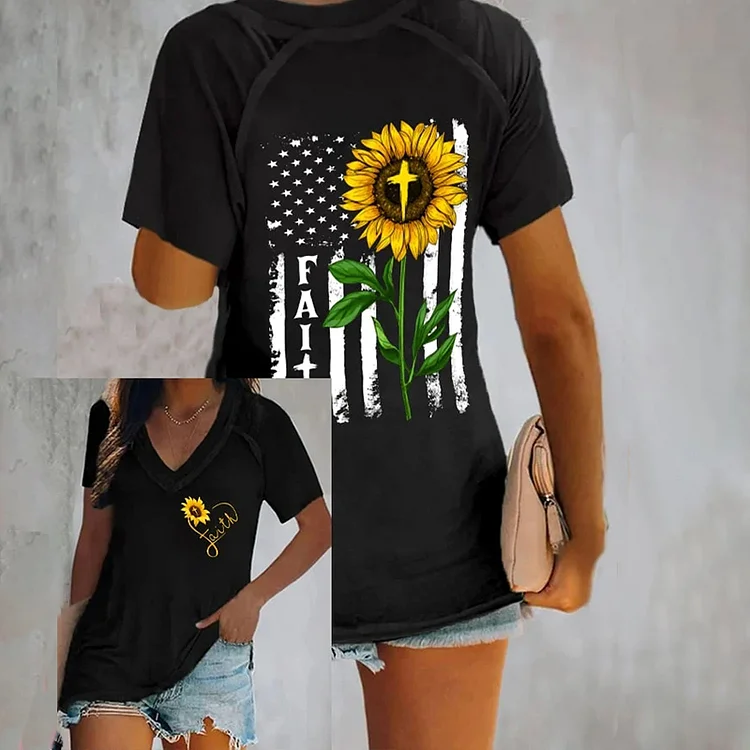 Comstylish Independence Day Faith Flag Sunflower Print T Shirt