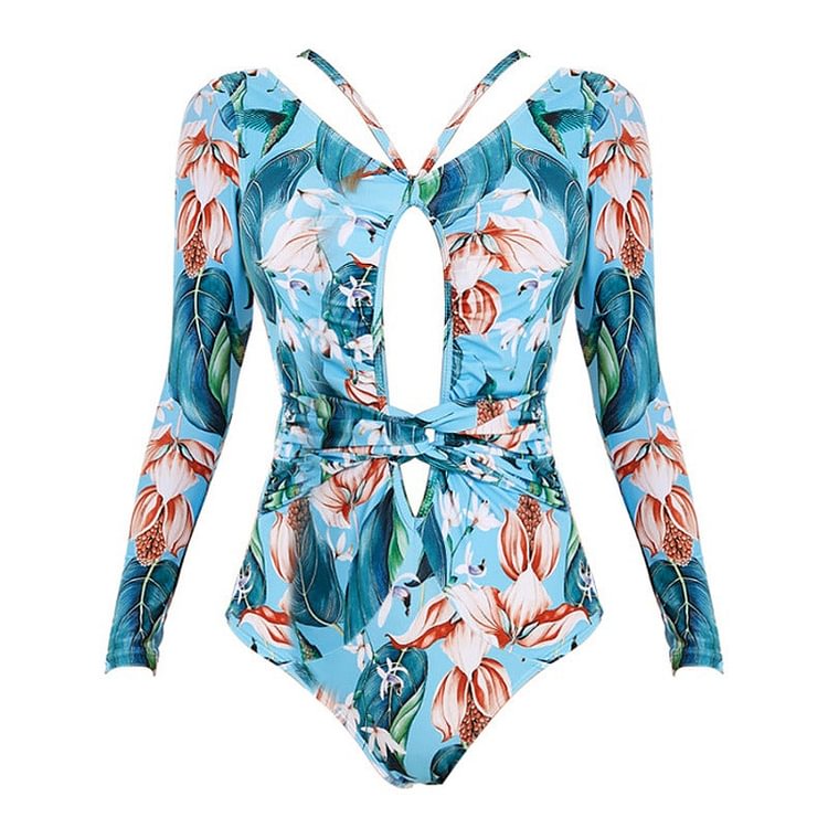 Flaxmaker Long-sleeved Blossom Cut Out Sexy One Piece Swimsuit