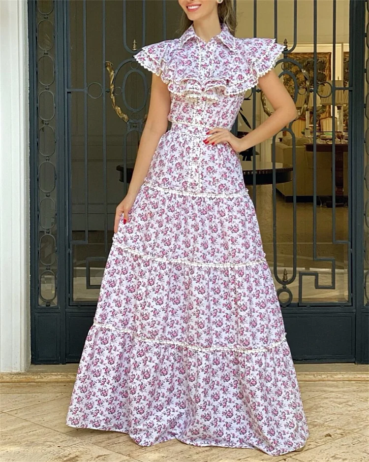 Casual Ruffle Lapel Print Dress
