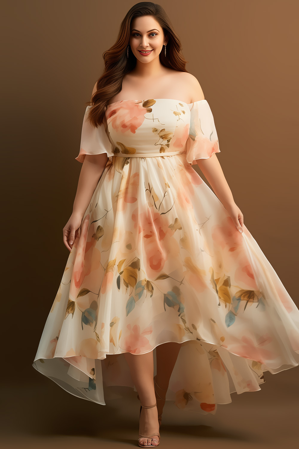 Flycurvy Plus Size Wedding Guest Light Orange Chiffon Floral Print Off The Shoulder High Low Hem Maxi Dress 2024 - Flycurvy 