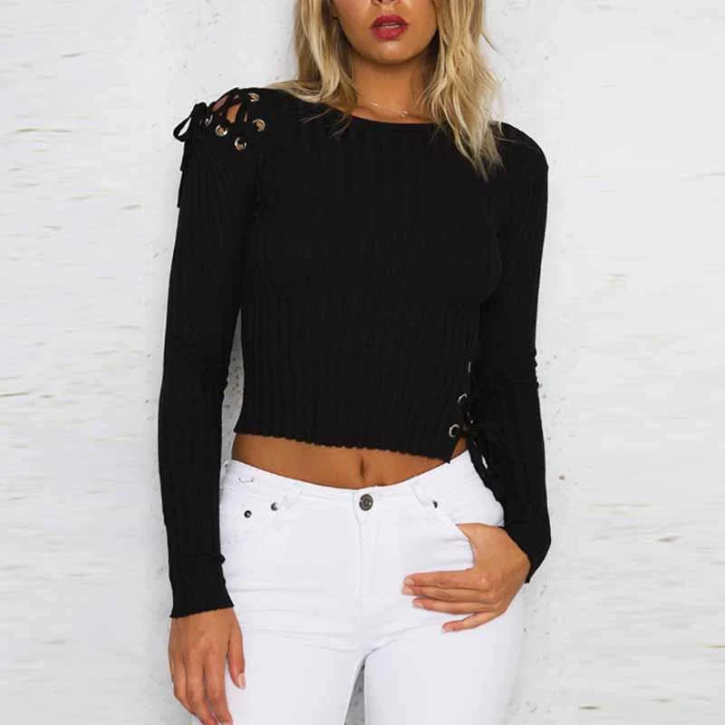 Round Neck Lace Up Plain T-Shirts