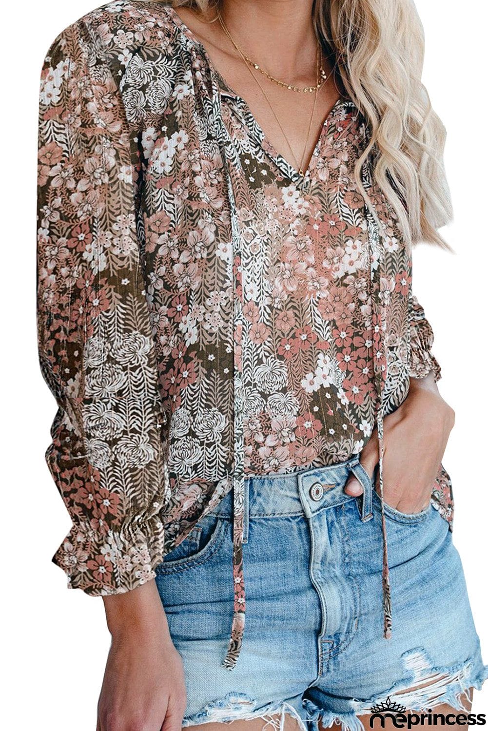 Printed Long Sleeve V-Neck Drawstring Shirt