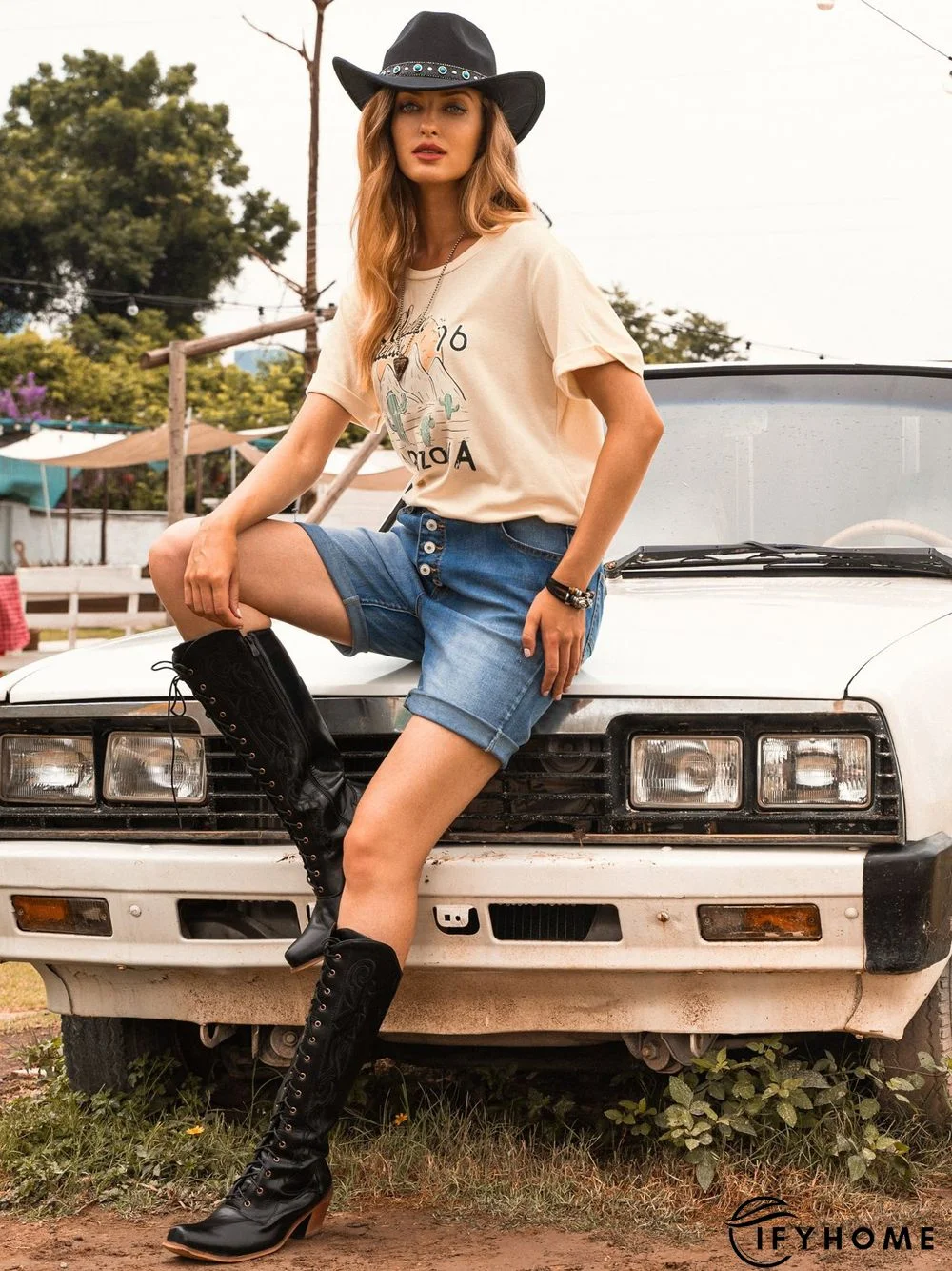 Apricot Short Sleeve Printed T-shirt | IFYHOME