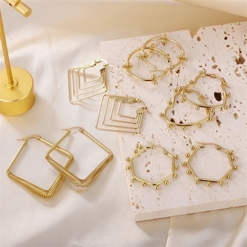 1 Pair Retro Roman Style Geometric Heart Shape Plating Inlay 304 Stainless Steel Pearl 18K Gold Plated Earrings