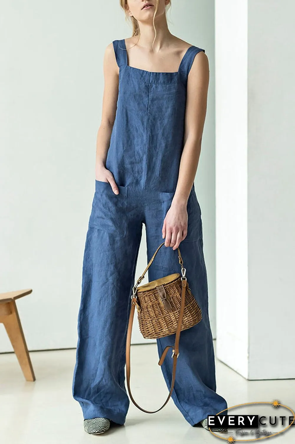 Square Neck Pockets Dungarees Jumpsuits