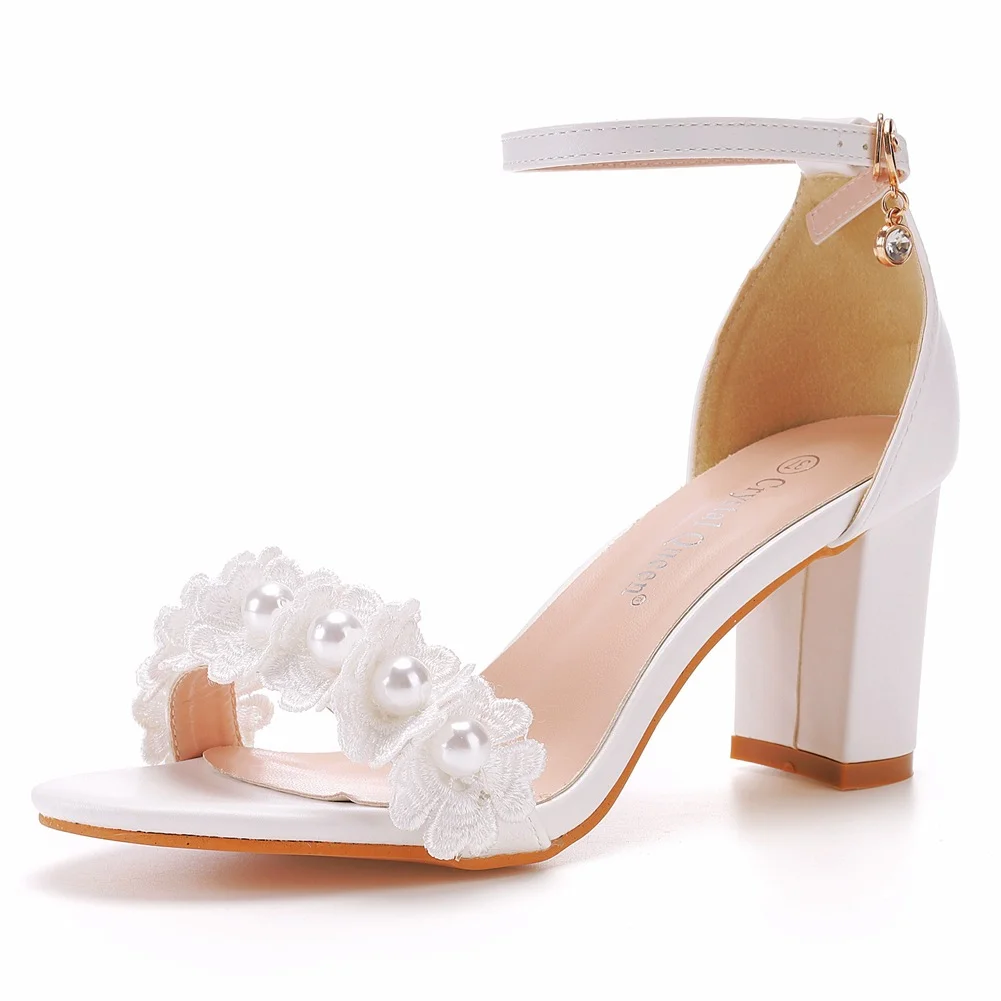 Breakj Breakj Cm Round Head With Thick Heel And Shallow Mouth With Sandals Beaded Flowers Wedding Dress Shoot High Heels Sandals