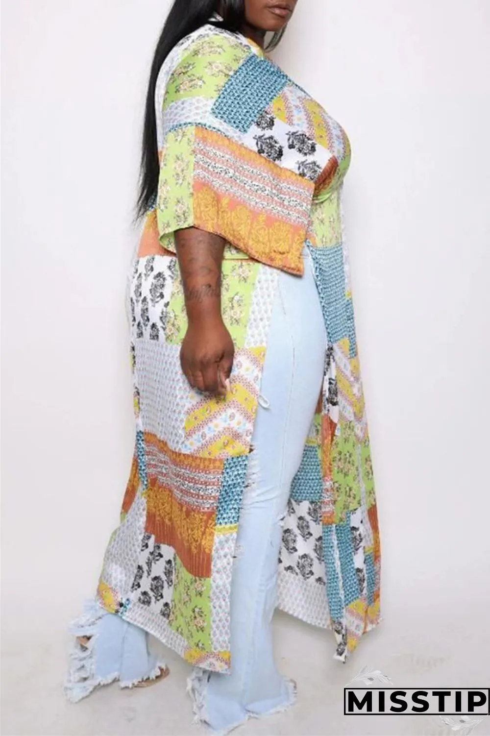 White Fashion Casual Print Slit Cardigan V Neck Plus Size Overcoat