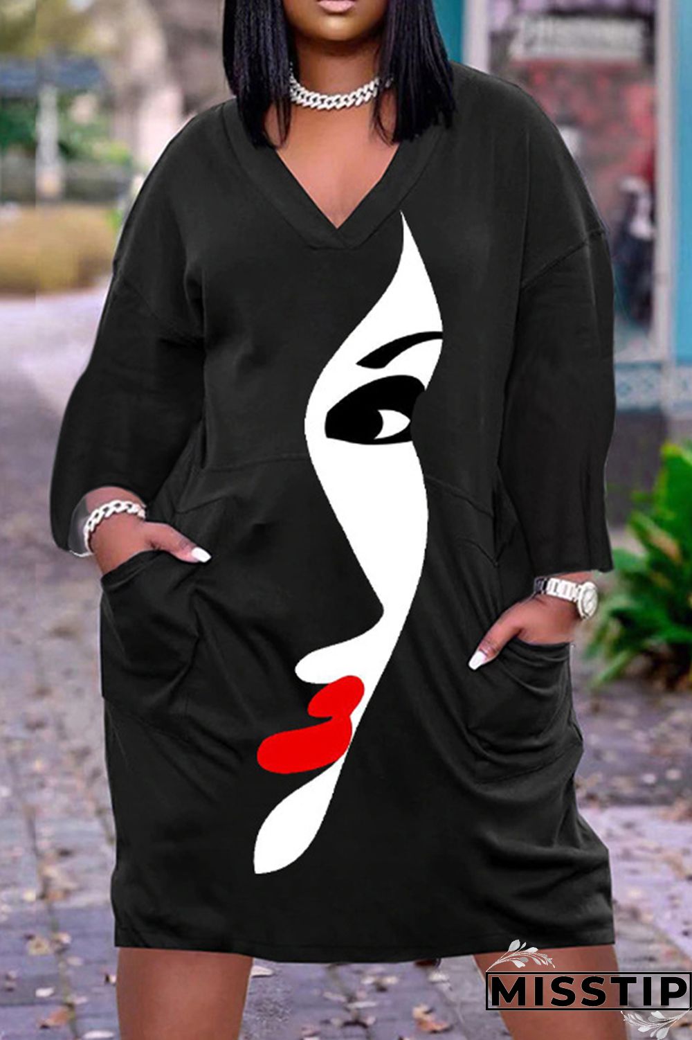 Black Casual Print Patchwork V Neck Long Sleeve Dresses