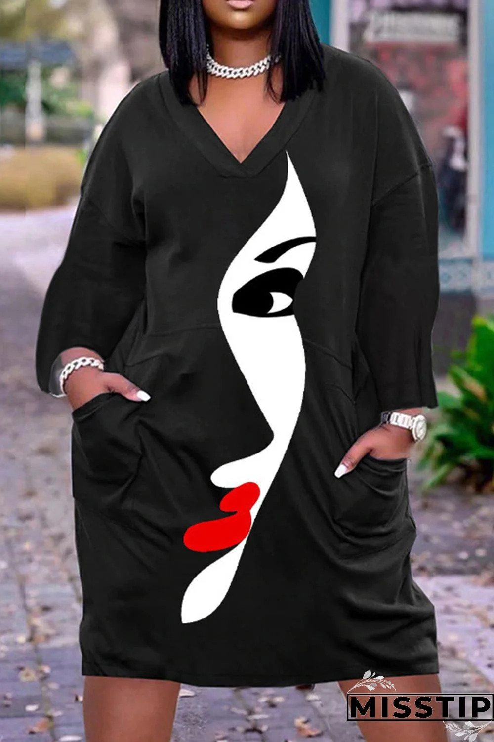 Black Casual Print Patchwork V Neck Long Sleeve Dresses
