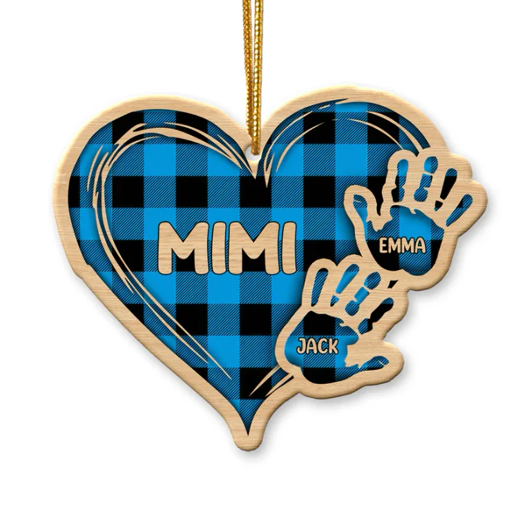 Personalized Blue Hands Of Family Wood Heart Ornament