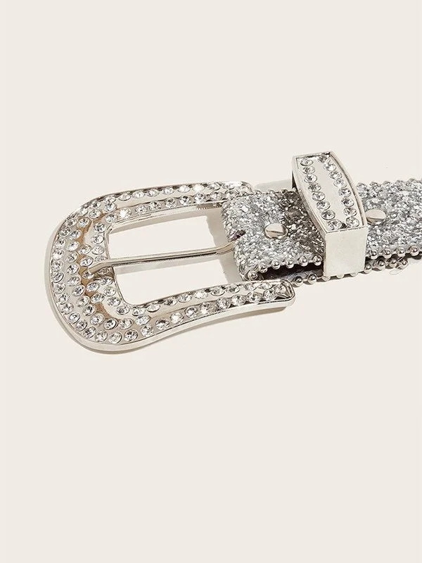 Brownm targeted sequin buckle belt with rhinestones