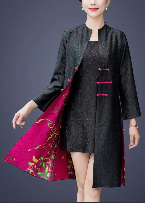 Black Chinese Style Wrinkled Print Wear On Both Sides Silk Coat Fall