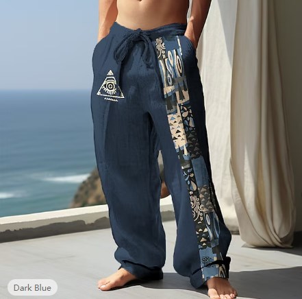 Men's linen print color block trousers