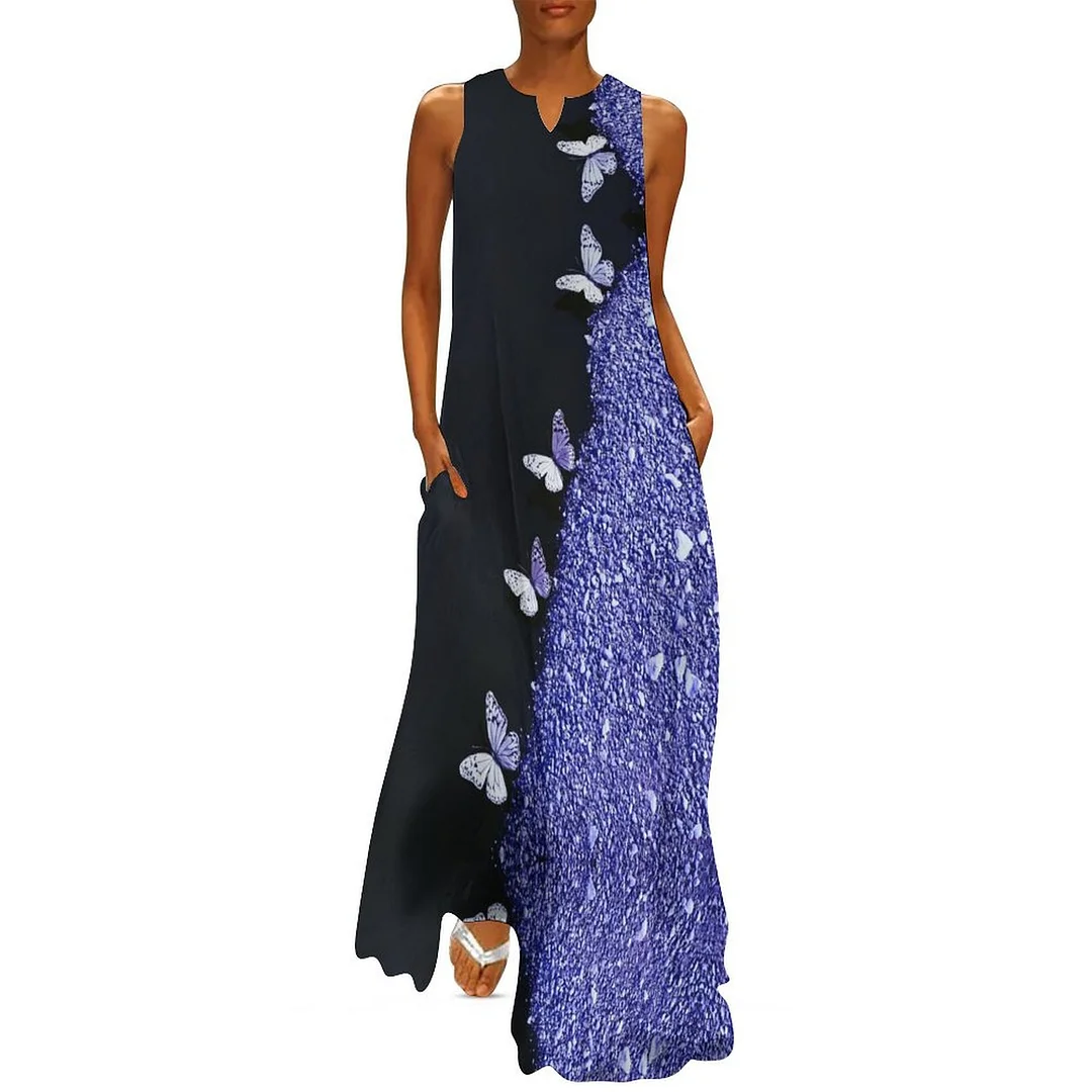 Style & Comfort for Mature Women Plus Size Printed Sleeveless Casual Women Maxi Dress with Pockets in Pattern Purple, Butterfly, Glitter