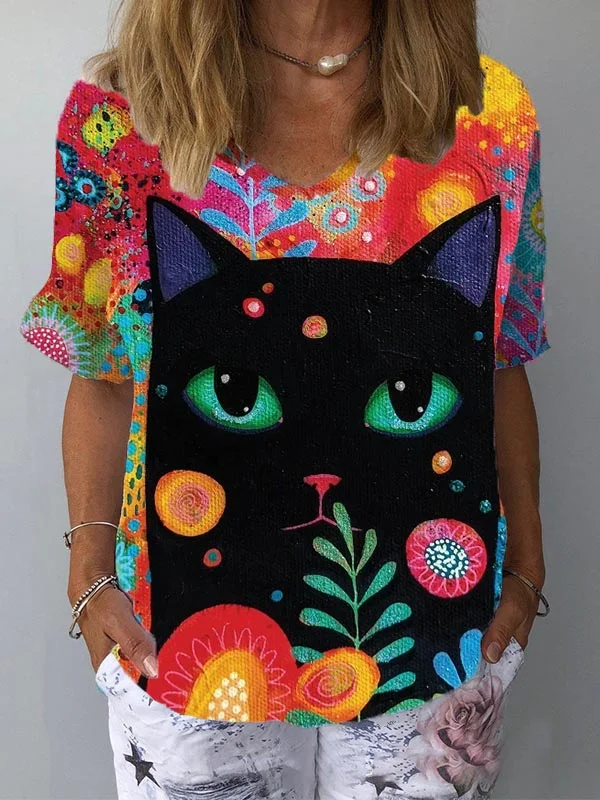 Black Cat Printed V-Neck Loose Fit Casual Tee