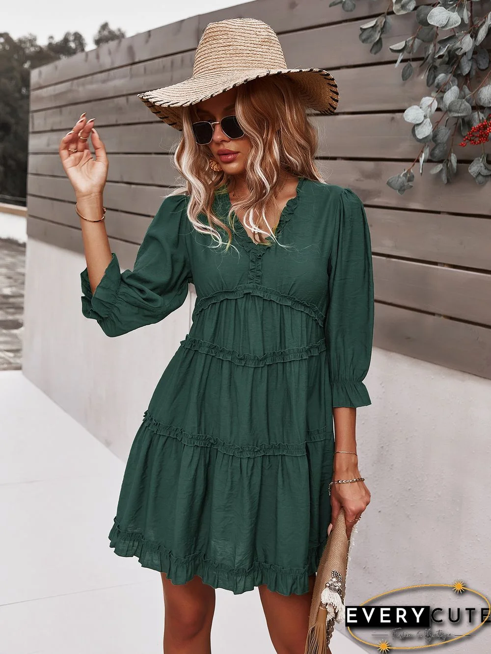 Green V Neck Ruffle Mini Dress