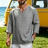 Men's Vacation-Style V-Neck Cotton-Linen Shirt With 3/4 Sleeves by Inlyline