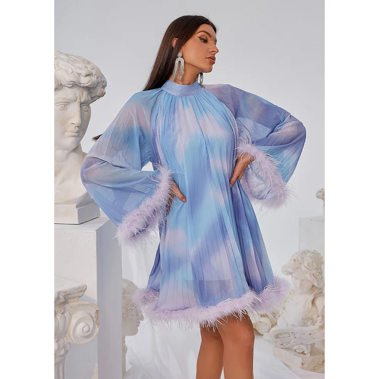 Stand Collar Ombre Printed Feathers Long Sleeved Mini Dress