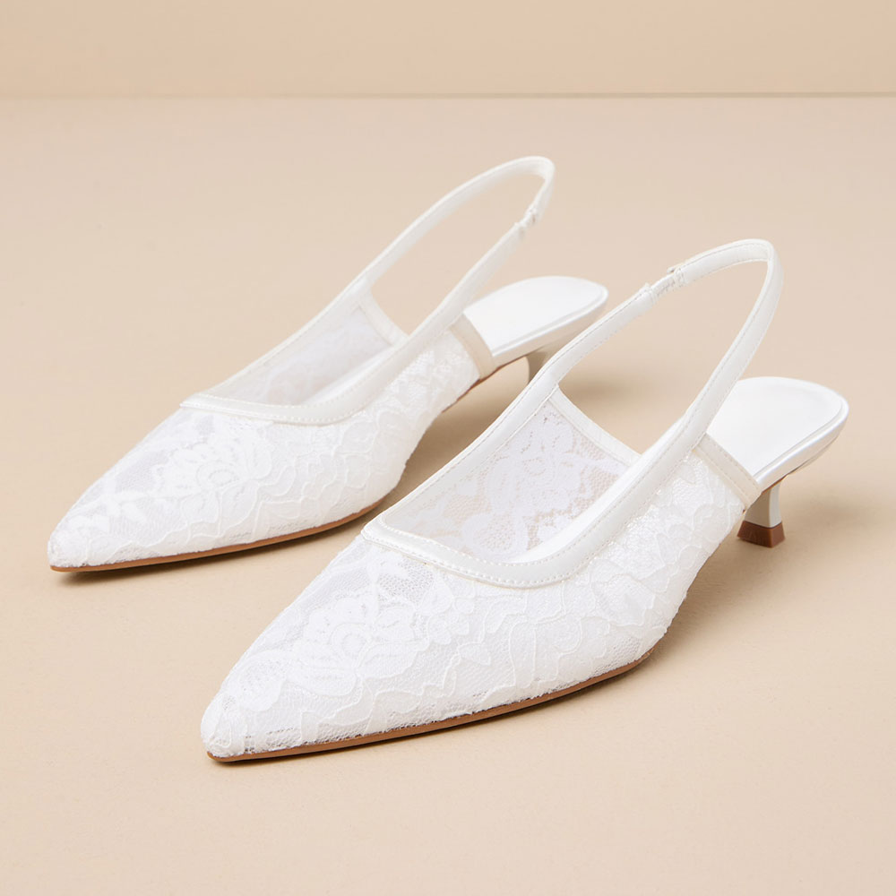 Lace Pointed Toe Kitten Heel Slingback White Pumps for Women Nicepairs