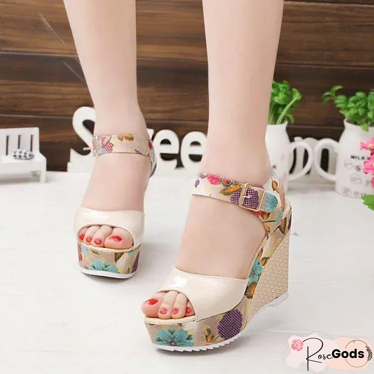 Women Summer Platform Wedges Sandal Shoes Floral High Heels Open Toe Sandals