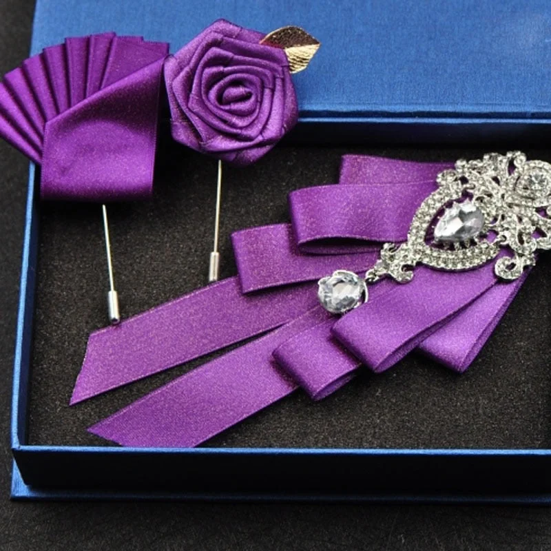 High-quality Fashion Handmade Red Diamond Bow Tie Wedding Collar Bowtie Brooch Pocket Towel Square Set Gifts for Men Accessories