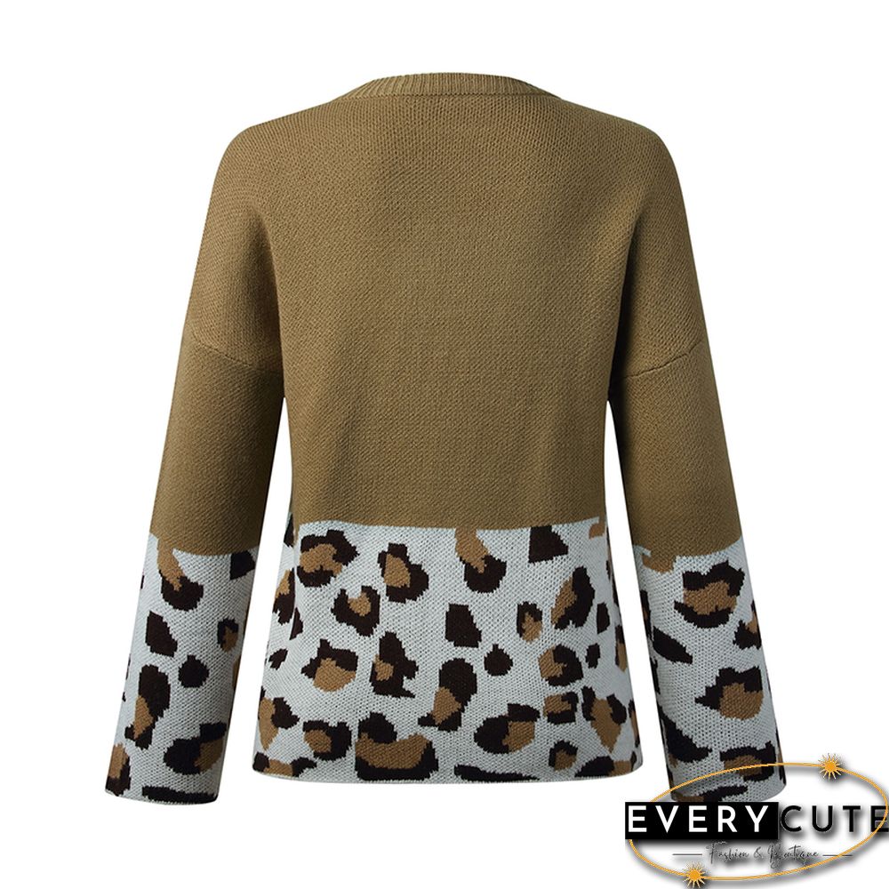 Khaki Splice Leopard Print Pullover Sweater