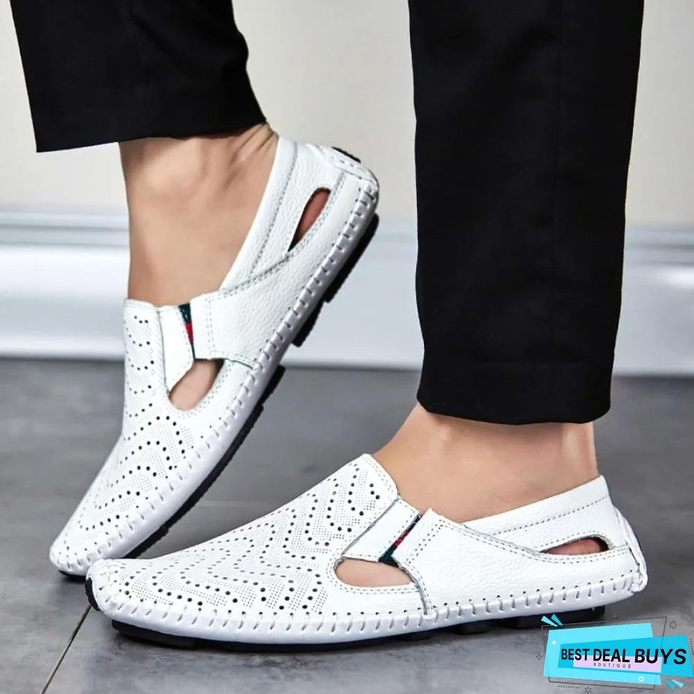 Men Leather Plus Size Sandals Casual Slip-On Summer Beach Shoes