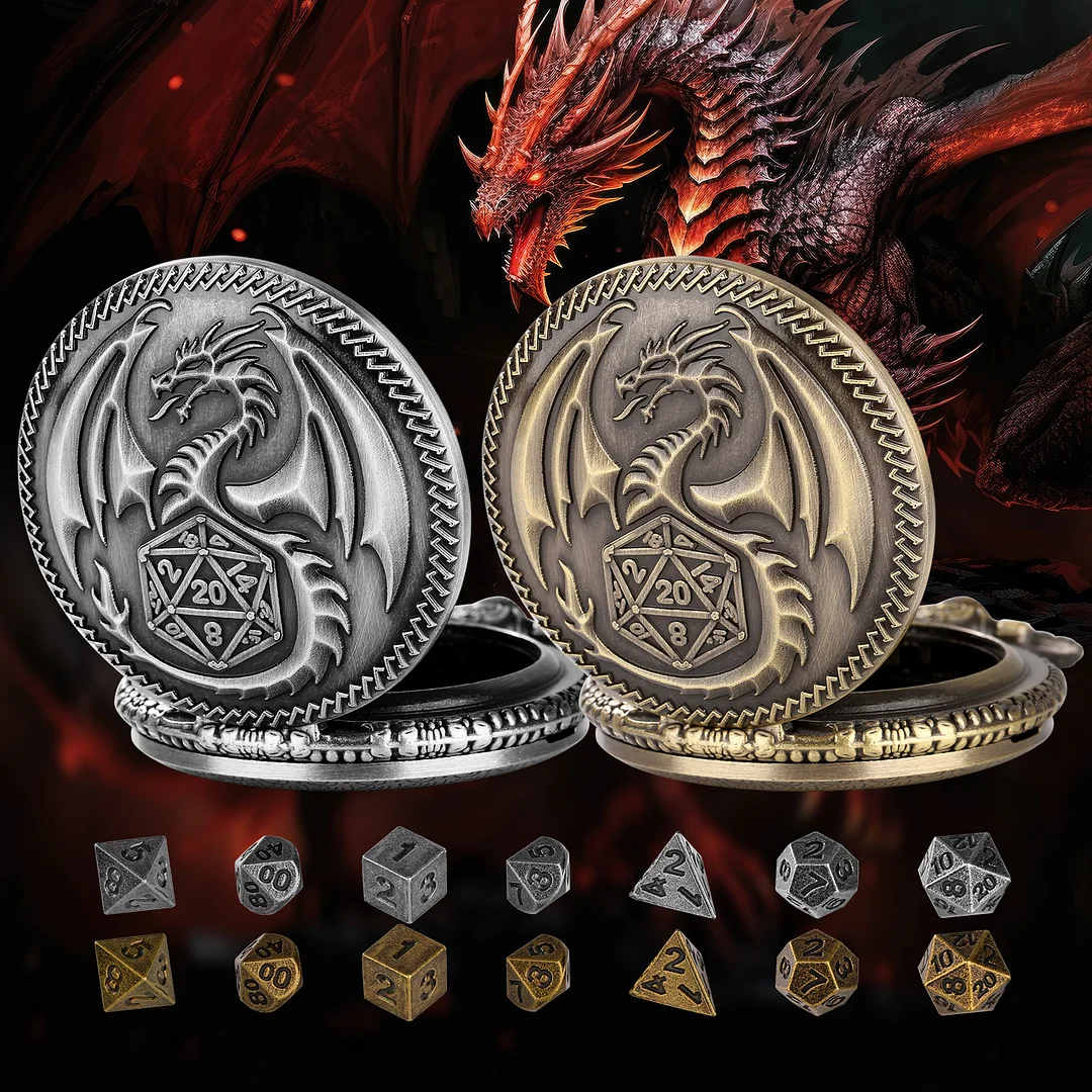 Dragon Pocket Watch Set With Thick Chain And Mini DND Dice Set