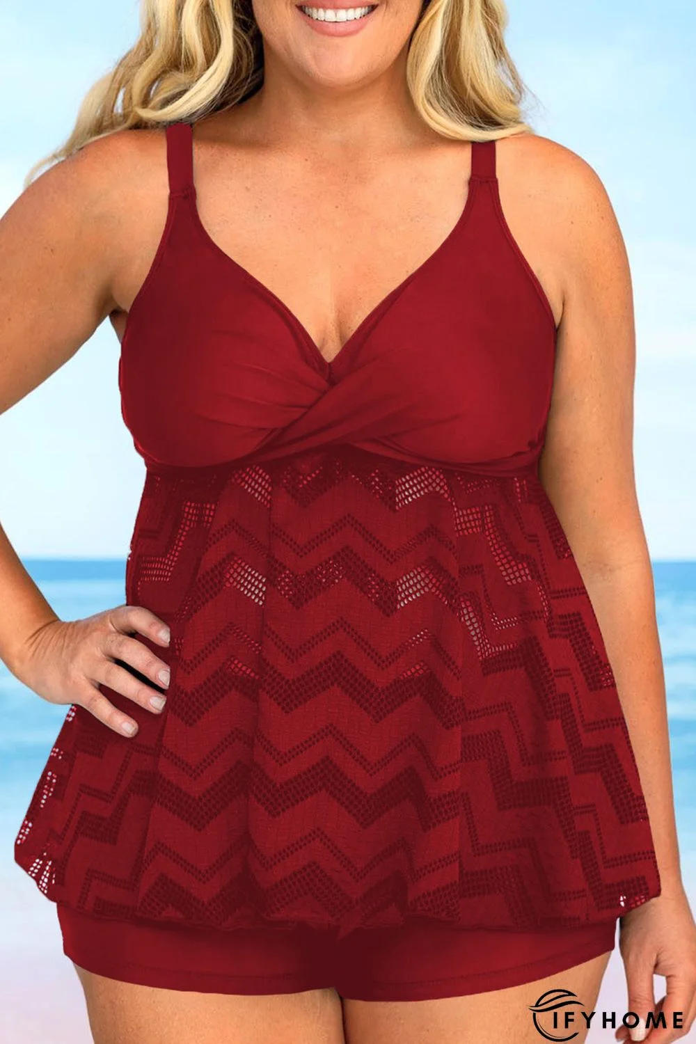 Red Black Black Ruffled Sleeveless V Neck Plus Size Swimsuit | IFYHOME