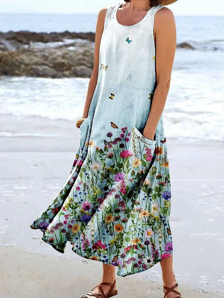 Women's Floral Art Print Pocket Casual Resort Comfort Maxi Dress