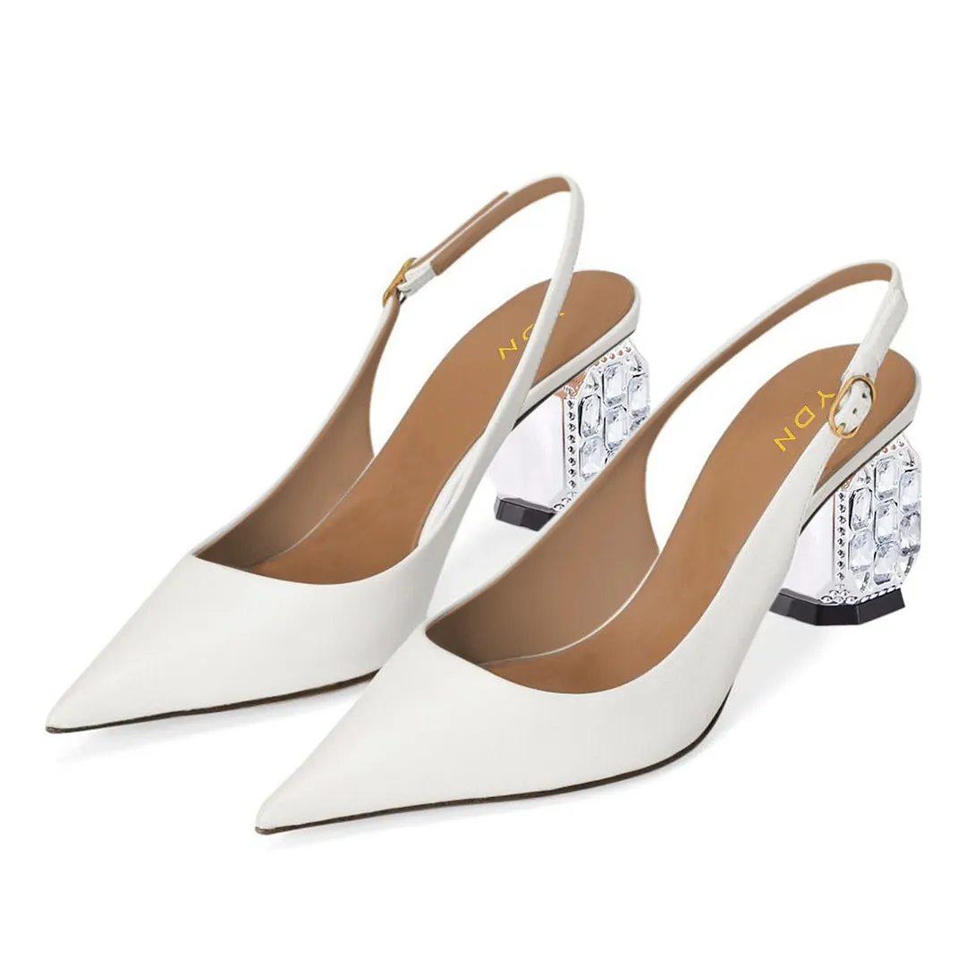 White Crystal Sculptural Heel Slingback Pumps Shoes with Pointed Toe