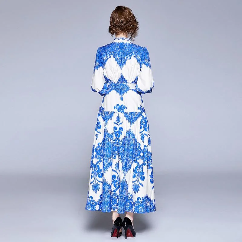Women's retro printed long-sleeved big dress