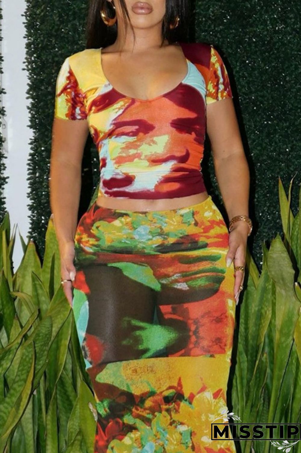 Colour Sexy Print Basic O Neck Short Sleeve Two Pieces